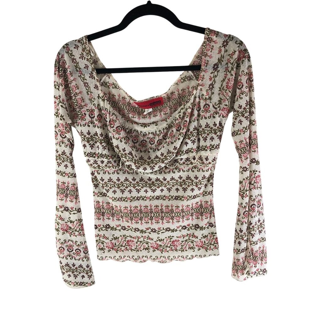 Necessary Objects Womens Top Vintage Y2K Bell Sleeve Sheer Ivory Floral M